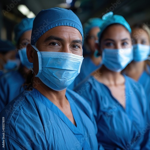 Medical team members stand together in parallel wearing personal protective equipment to carry out operations and wearing masks, ready to help patients who need help
