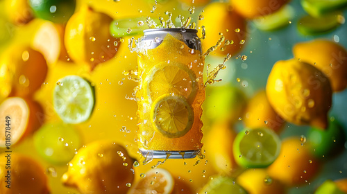 Floating Soft-Drink Can with Lemons and Limes on Vibrant Background 