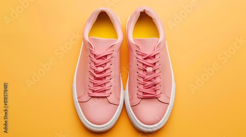 Pink nubuck sneakers isolated on a yellow background photo