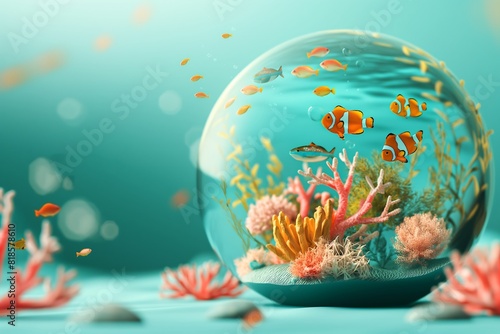 A round glass aquarium with a colorful fish coral on it  blue background