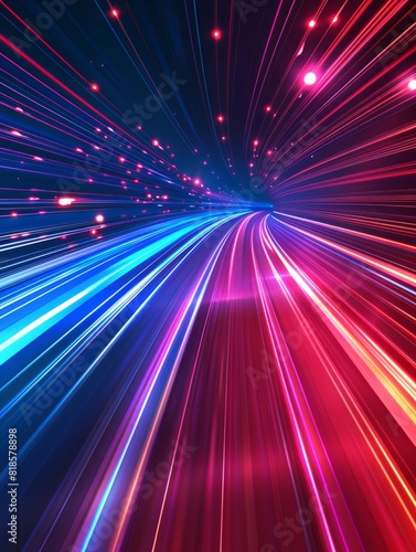 An abstract red-blue technology background featuring burst line lights and a speed effect
