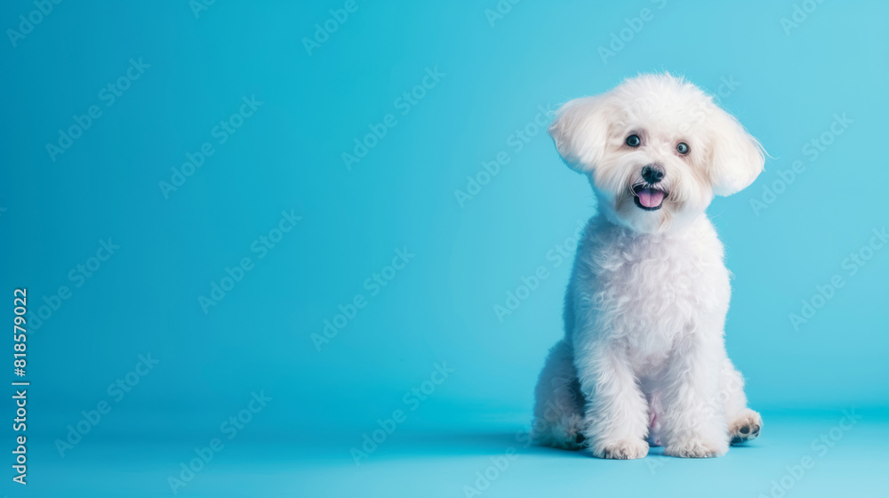 A photo of a rather cute joyful Bichon Frise dog sitting on a blue background with space to copy. A photo of a rather cute joyful Bichon Frise dog sitting on a blue background with space to copy.