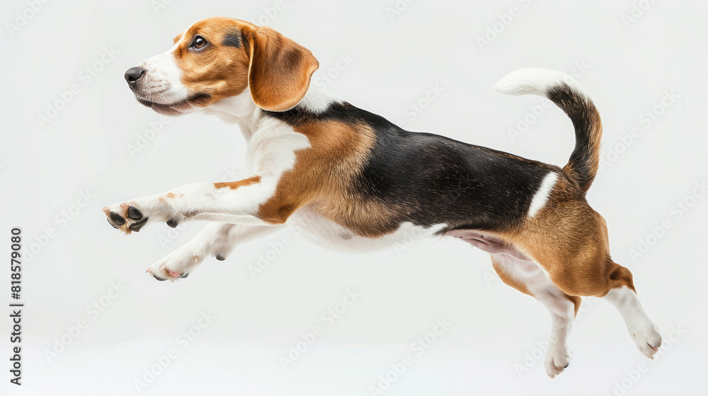 A photo of a jumping beagle dog with fluttering ears on a white background.