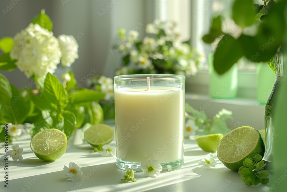 Soy candle with lime and mint, white table near the window in background. Copy space for text. Concept: eco life, vegan product, handmade, natural, still life, flowers Soy candle with lime and mint, white table near the window in background. Copy space for text. Concept: eco life, vegan product, handmade, natural, still life, flowers