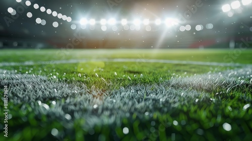 Close up soccer field lines. Background soccer pitch grass football stadium ground view. Grass macro in sports arena. with lights background