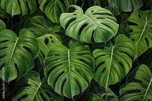 Nature leaves, green tropical forest, backgound illustration concept. Dark green tropical leaves ( monstera, palm, coconut leaf, fern, palm leaf,bananaleaf) Panorama background.  photo