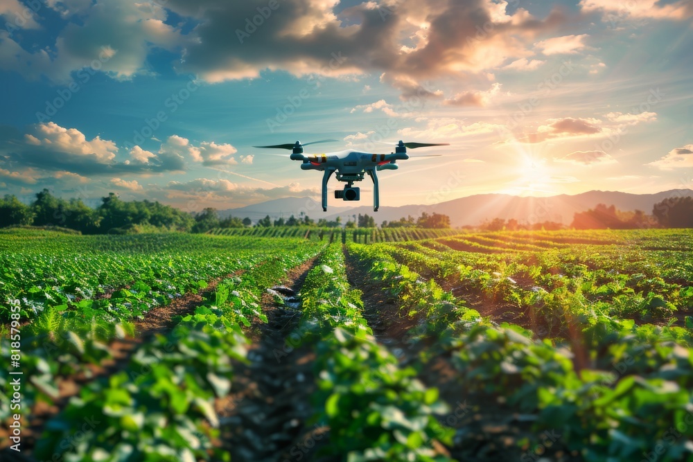 Smart farming tech with isometric drones for precision agriculture, efficient crop protection, robotic aerial pesticide application, and sustainable field survey