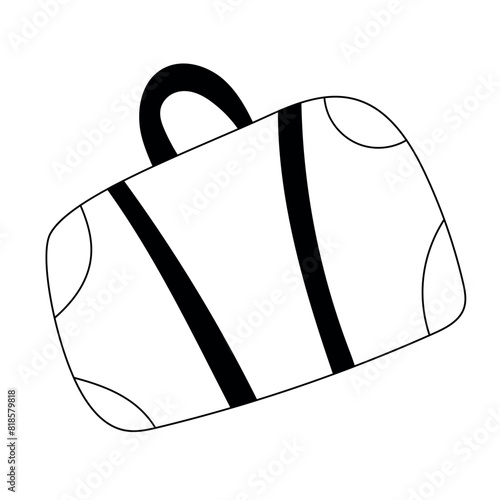 Suitcase for travel and vacation in doodle style black and white, summer bag for carrying things on the plane, airtravel, road trip.