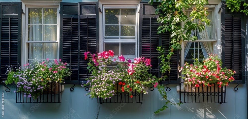 Beautiful window boxes, vibrant flowers cascading, white walls, and a serene morning light. 