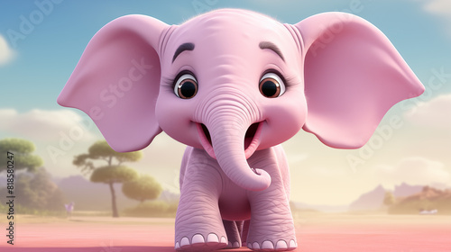 Cartoon character cute pink elephant 3d illustration in dessert. Cartoon baby elephant print, stationery, books, merchandise. Toy baby elephant 3D character banner, background.