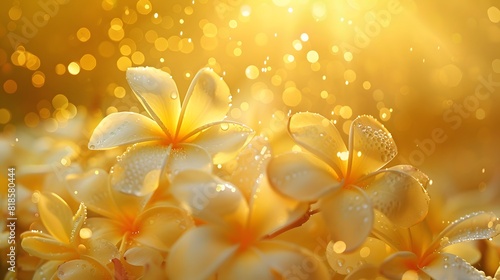 A beautiful yellow background with golden rays of sunlight shining on the delicate petals of frangipani flowers  creating an enchanting and dreamy atmosphere. 