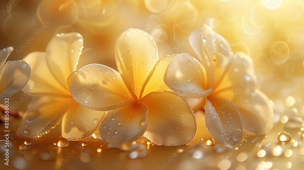A beautiful yellow background with golden rays of sunlight shining on the delicate petals of frangipani flowers, creating an enchanting and dreamy atmosphere.
A beautiful yellow background with golden rays of sunlight shining on the delicate petals of frangipani flowers, creating an enchanting and dreamy atmosphere.