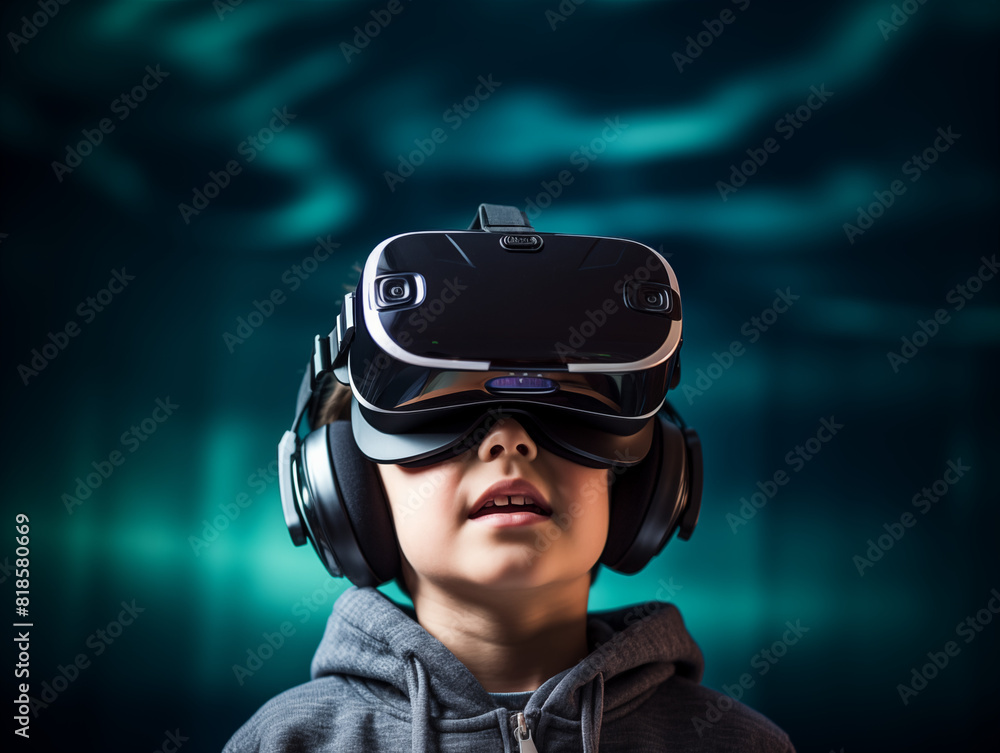Young cute toddler Child playing with virtual reality headset. Exploring 3d virtual reality in space game Young cute toddler Child playing with virtual reality headset. Exploring 3d virtual reality in space game