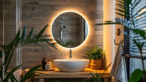 A circular mirror with LED lights around it hangs on the wall of an elegant bathroom, creating a warm and inviting atmosphere in your home.
 photo