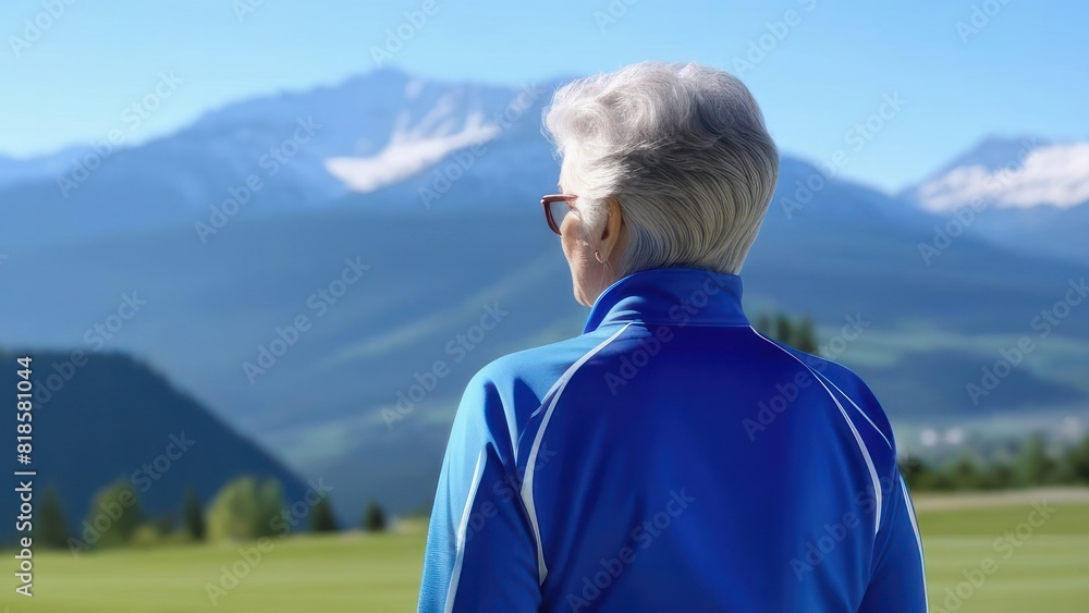 An elderly woman with short silver hair, wearing blue jacket, stands facing majestic mountains in the distance. The scenic backdrop of mountains and blue sky enhances sense of adventure and freedom