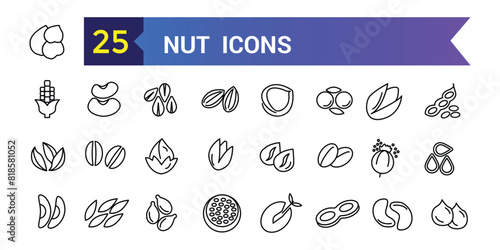 Nut icon set. Outline set of nut vector icons for ui design. Outline icon collection. Editable stroke.