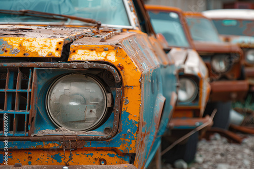 Old vehicles in an auto salvage yard, being recycled for parts and scrap metal, promoting sustainability photo