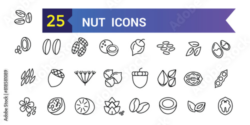Nut icon set. Outline set of nut vector icons for ui design. Outline icon collection. Editable stroke.