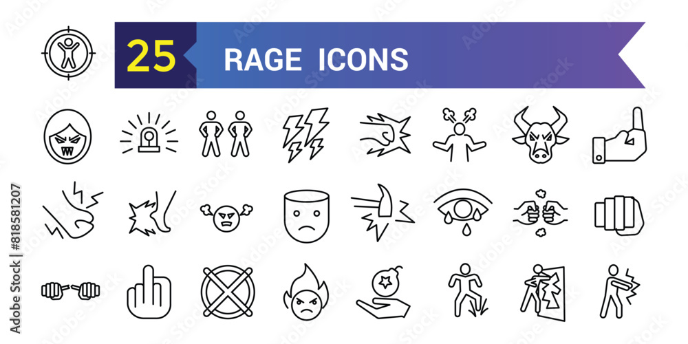 Rage icons set. Outline set of rage vector icons for ui design. Outline icon collection. Editable stroke.