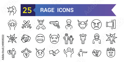 Rage icons set. Outline set of rage vector icons for ui design. Outline icon collection. Editable stroke.