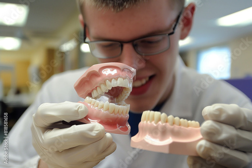 Dental Student Practicing with Denture Models.