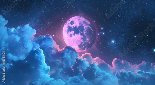 a beautiful pink and blue moon in the sky  surrounded by stars