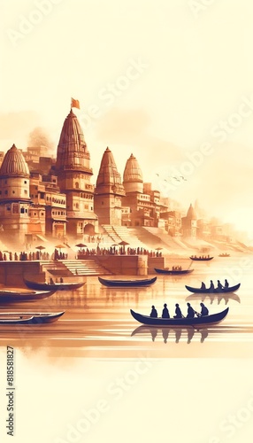 Watercolor illustration for Ganga Dussehra with scene of the iconic Ghats of Varanasi. photo