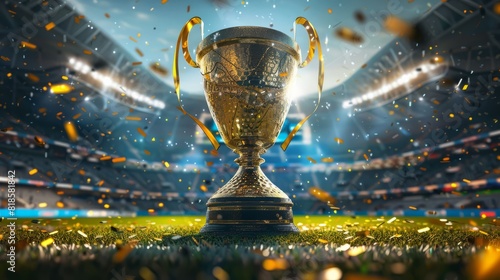Magnificent winner cup in the stadium, theme of victory, competition. Generative AI photo