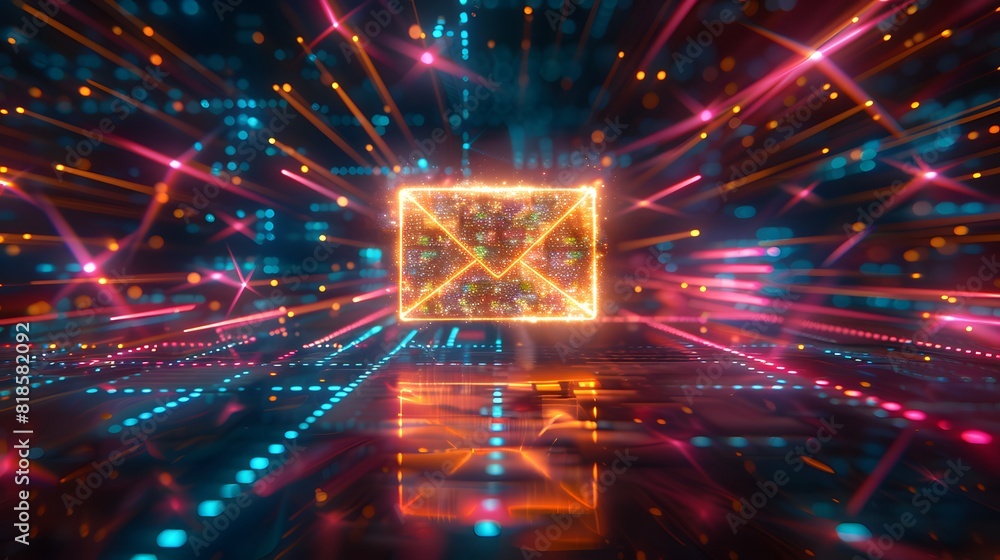 A glowing e mail icon floating in the center of an abstract grid with colorful light streaks .
A glowing e mail icon floating in the center of an abstract grid with colorful light streaks .