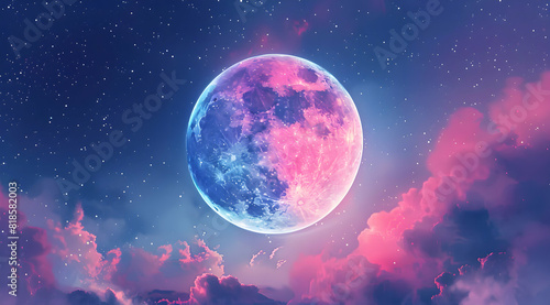 a beautiful pink and blue moon in the sky  surrounded by stars