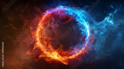 A glowing colorful ring of fire on black background, with the letter O in center, red and blue flames swirling around it, creating an enchanting atmosphere.  © horizor