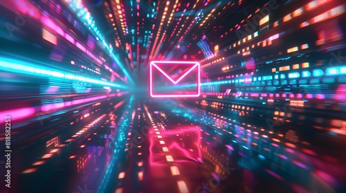 A glowing e mail icon floating in the center of an abstract grid with colorful light streaks .
 photo