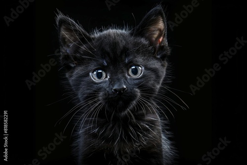 a black kitten with blue eyes looking at the camera