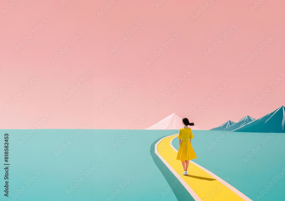 Illustration of a woman in a yellow dress walking into the distance,Firefly,generated AI