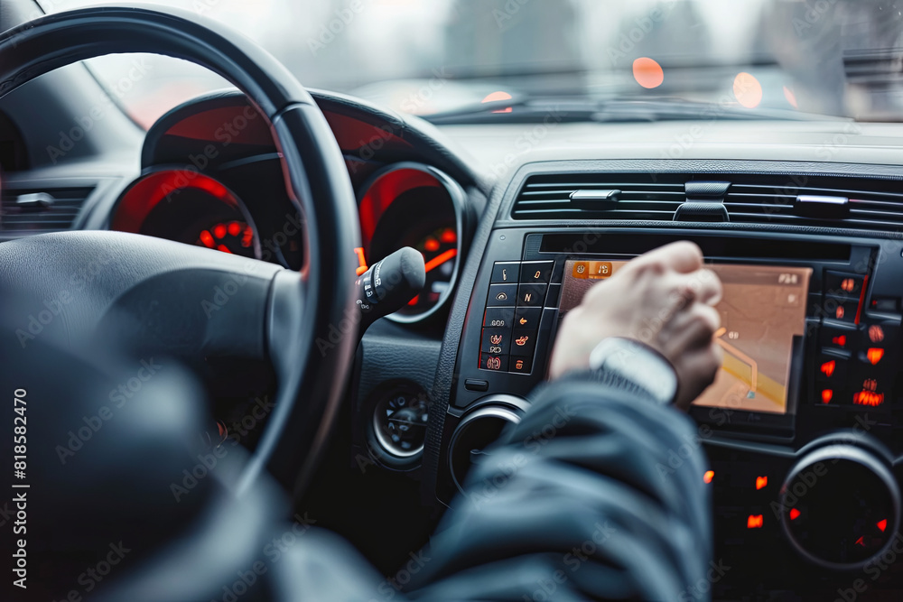 Driver adjusting the volume of a radio inside a car, emphasizing the importance of a pleasant driving experience Driver adjusting the volume of a radio inside a car, emphasizing the importance of a pleasant driving experience