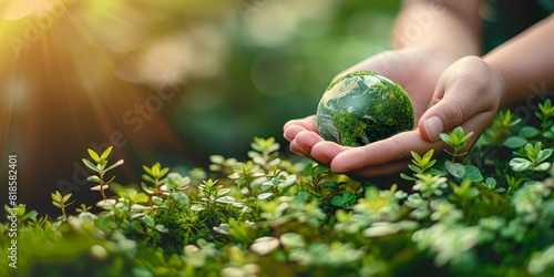 Hands holding a green small planet, symbolic eco gesture for environmental protection photo