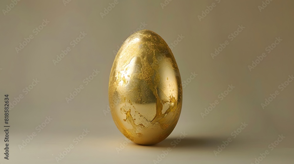 A golden egg with gold leafing on the surface, against a neutral background. both the beauty of the gold color and the unique shape of the egg.
