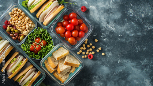 An appealing and health-conscious school lunch scene captured from above. The lunchbox features delectable sandwiches and fresh snacks on a blue background, offering copyspace for text or advertising. photo