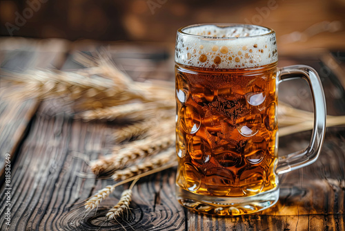 Oktoberfest beer served with wheat and hops, presented on a rustic wooden table
