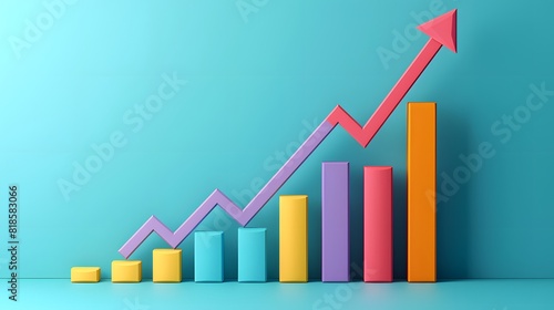 A graph showing an upward trend in sales or growth metrics, with colorful bar charts against a teal background. 