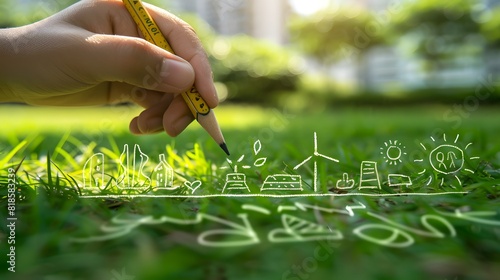 Fototapeta Naklejka Na Ścianę i Meble -  A hand drawing green energy symbols like wind turbines and suns on grass, with urban buildings in the background to represent sustainable city design.
