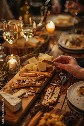 During a homemade aperitif, a man and woman savor cricket breadsticks, accompanied by an assortment of cheeses and wines, exploring new gastronomic pairings photo