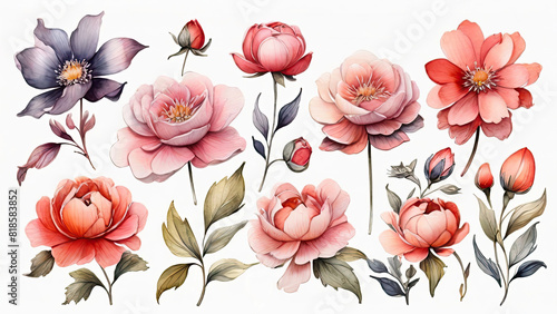 set of watercolor pink and peach-colored flowers on a white background