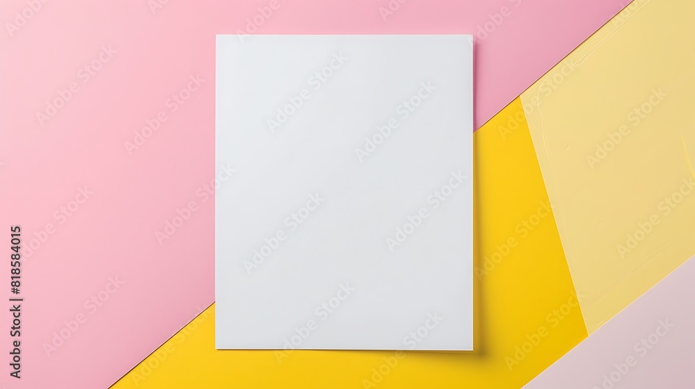 White mockup blank on geometric pastel pink and yellow background