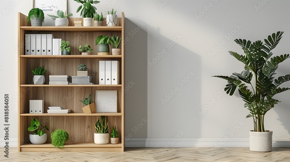 A light wooden bookcase with white sleeves and colour collars, placed on the right side of an empty wall. The shelf is filled with various office supplies.
A light wooden bookcase with white sleeves and colour collars, placed on the right side of an empty wall. The shelf is filled with various office supplies.
