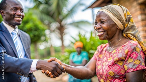 Woman Receiving Microloan – Handshake with Agent: A close-up image capturing the moment a female entrepreneur shakes hands with a microfinance agent, symbolizing trust and agreement.
 photo