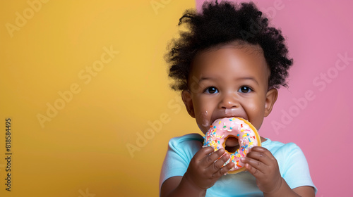 copy space, stockphoto, happy black toddler eating a donut, national donut day theme. Happy black african-american child with a donut. Colorful image. Sugar food. Child is having a good time, unhealth