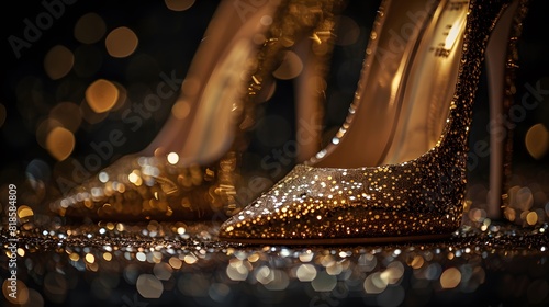 A pair of high heels with gold sequins, shining under the lights on black background. The shoes have pointed be part of an elegant evening dress or special event attire.
