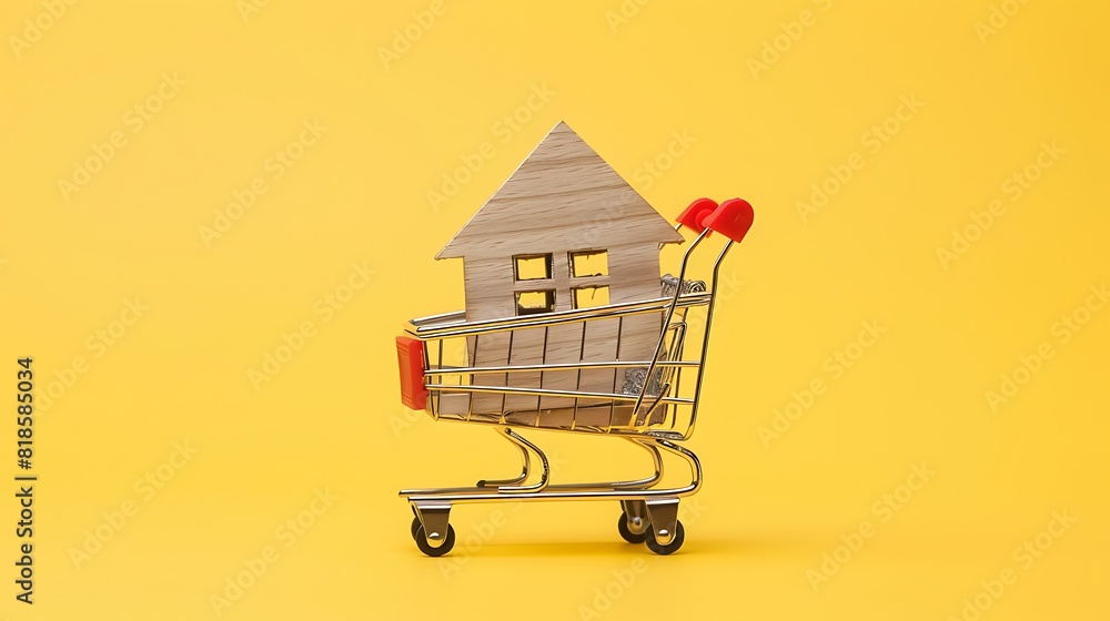 wooden house in a metal miniature cart on a yellow background