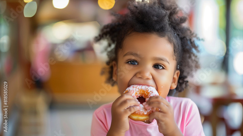 copy space  stockphoto  happy black toddler eating a donut  national donut day theme. Happy black african-american child with a donut. Colorful image. Sugar food. Child is having a good time  unhealth